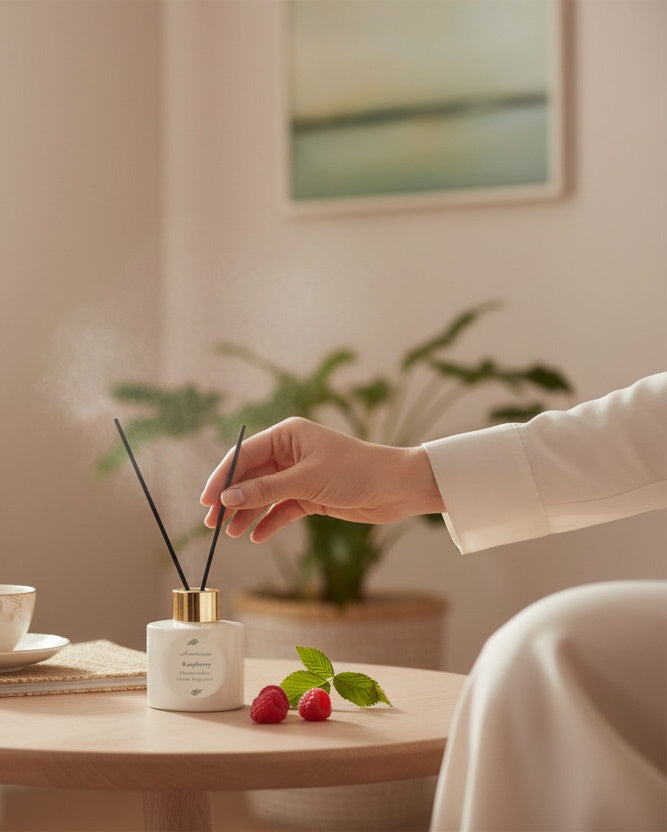 "Home fragrance Karkku Raspberry 125ml in glass bottle with bamboo sticks, Aventuriini"