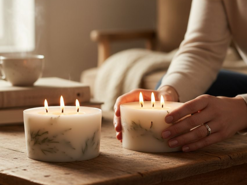 "White pillar candle 15x8cm featuring 3 hearts, hand-poured in Finland"