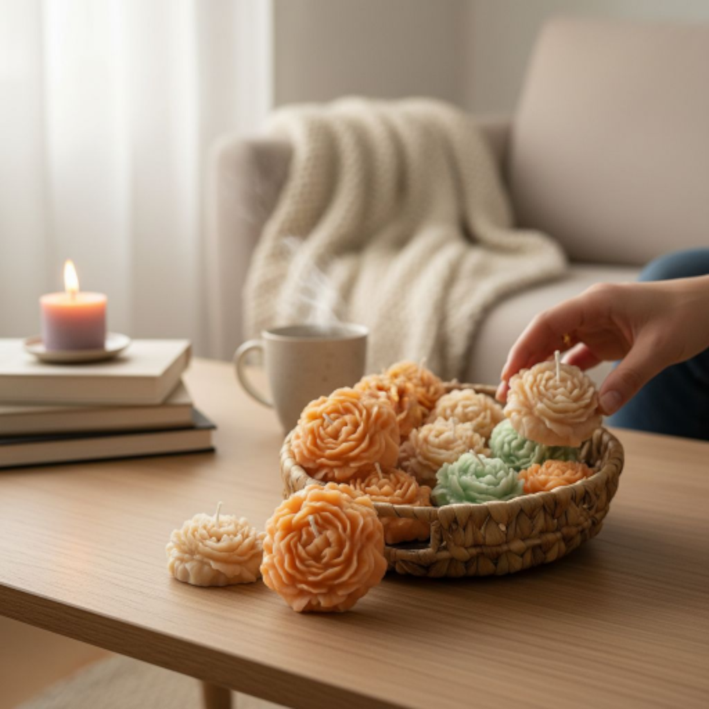 "Pink peony flower candle hand-poured from stearin and paraffin blend, Aventuriini"