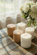 "Aventuriini pillar candle 9x9cm 250ml in soft pink, hand-poured in Finland"