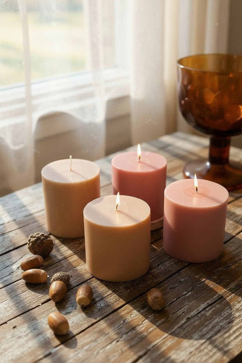"Pink and beige pillar candles 9x9cm made from stearin paraffin blend, Aventuriini"