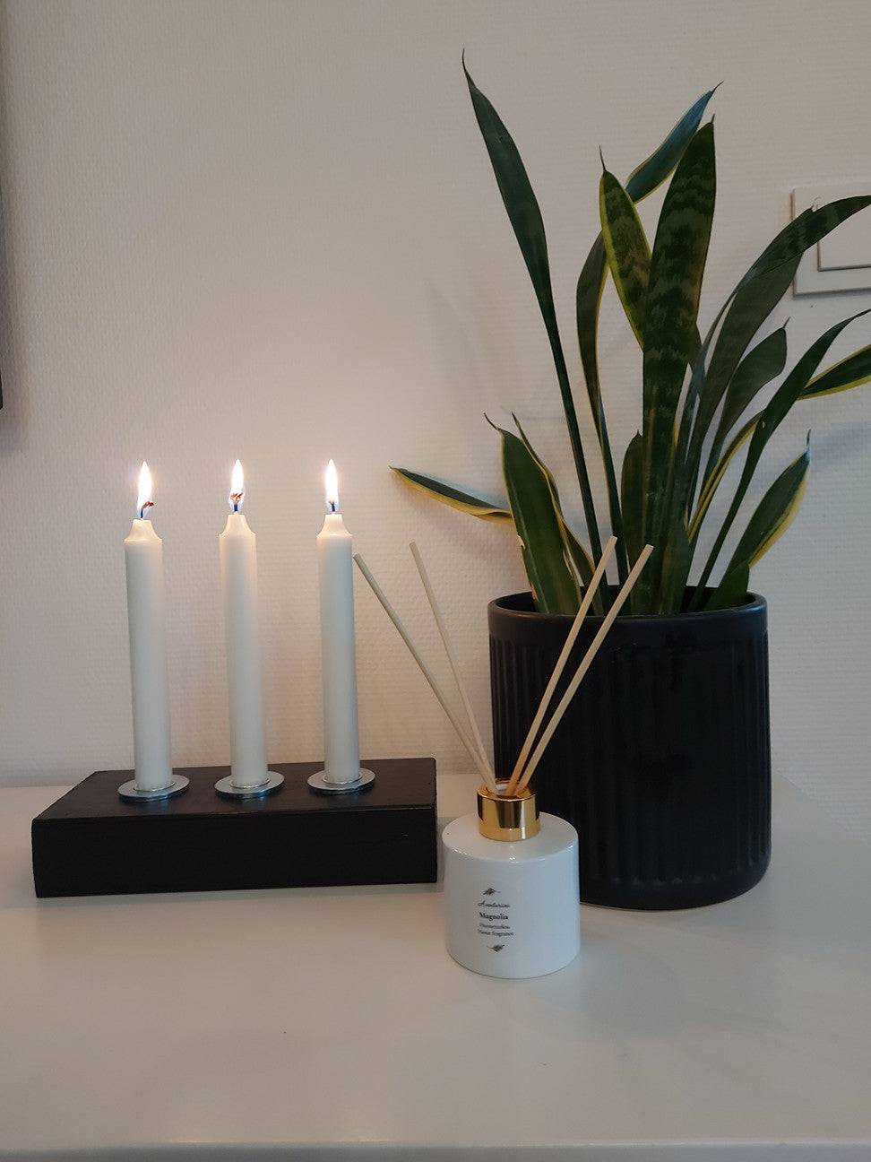 "Black rustic advent candle holder with four white candles, handmade"