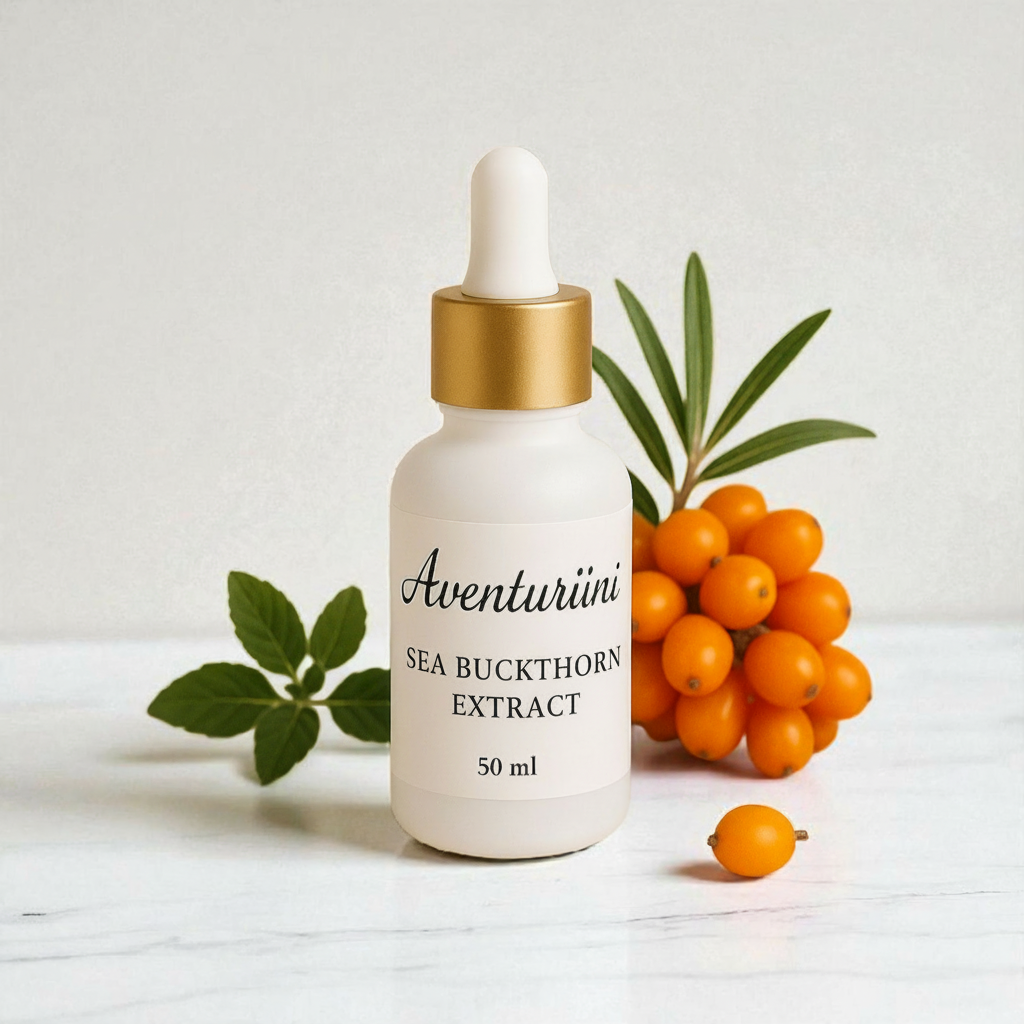 Aventuriini Sea Buckthorn Extract bottle with corrected bilingual label. Tyrnimarjauuteseerumi 50ml Aventuriini - Sea Buckthorn Berry Extract Serum natural"