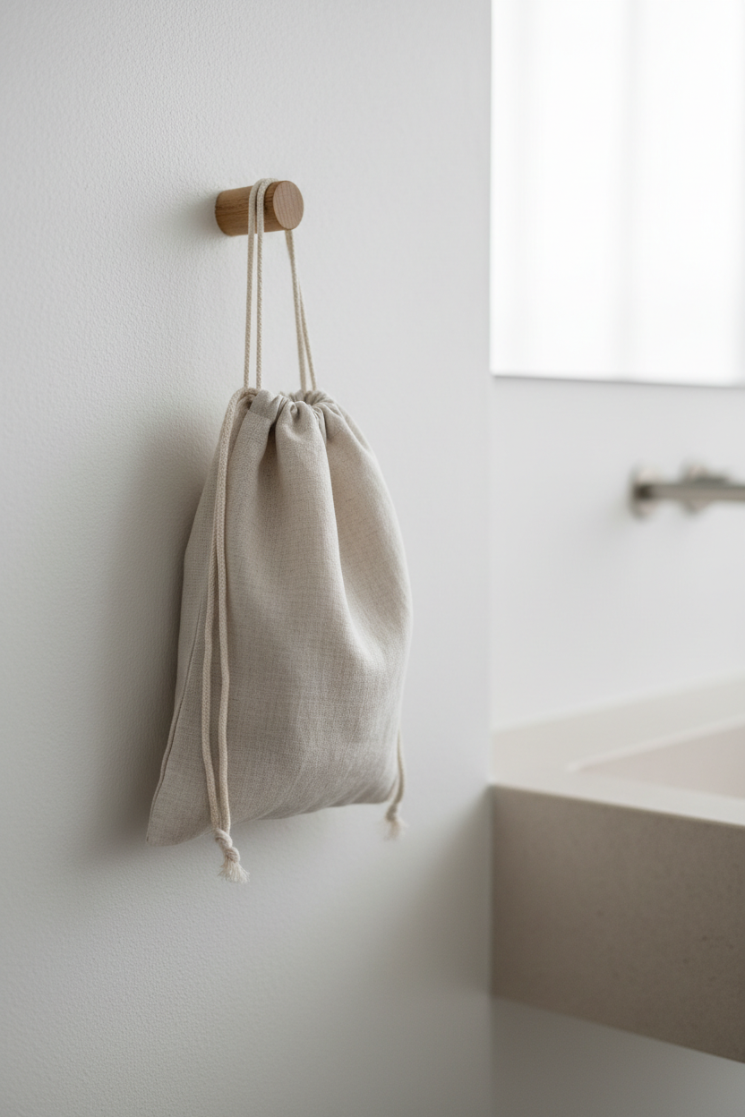White linen bag 20x30cm hanging in bathroom